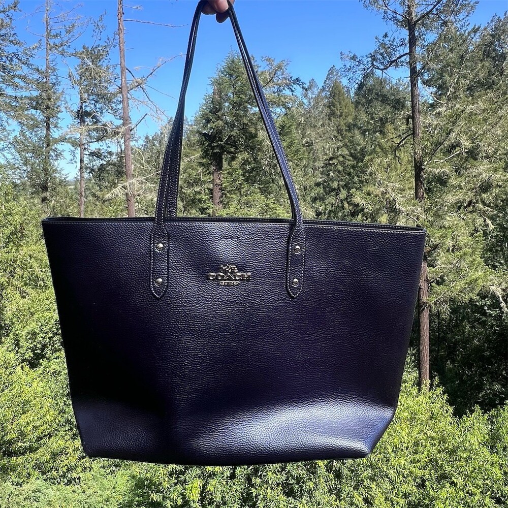 COACH Shoulder Bag Town Tote Blue Pebbled Leather Silver Hardware AUTHENTIC